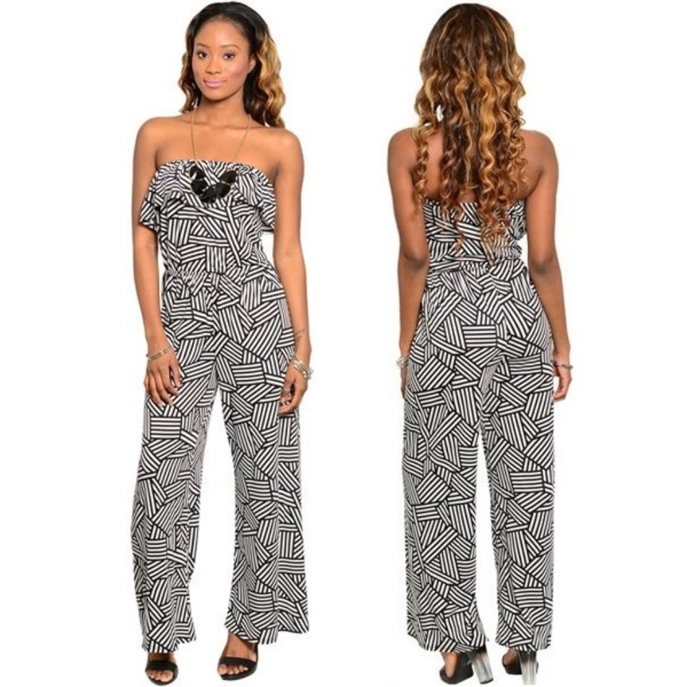 Womens Black and White Geo Print Wide Leg Jumpsuit